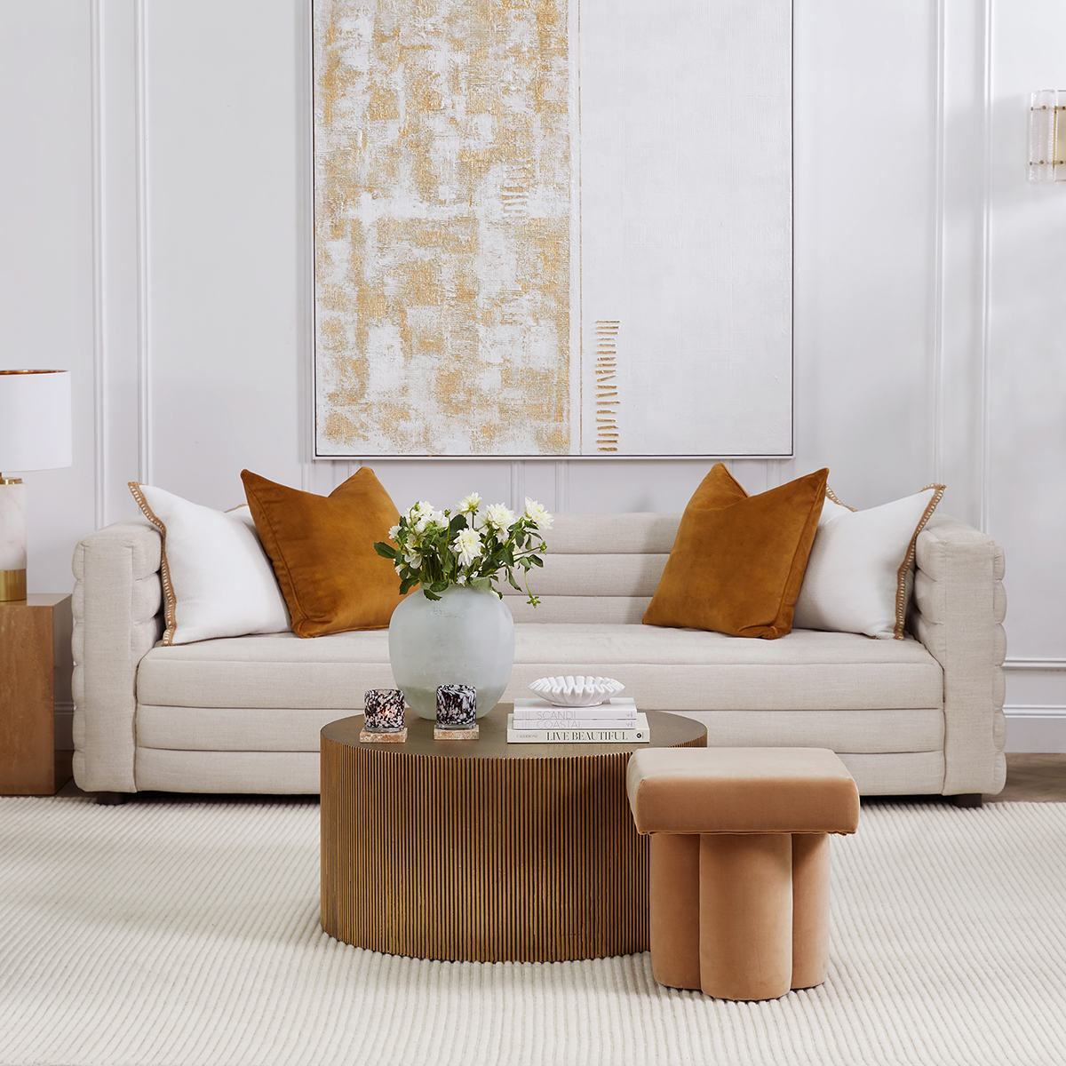 The Colorado sofa in Natural Linen styled with a fluted coffee table